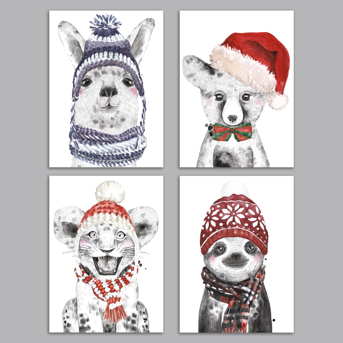 Pack of 24 holiday cards featuring four baby animal portraits in illustrated winter hats and scarves.