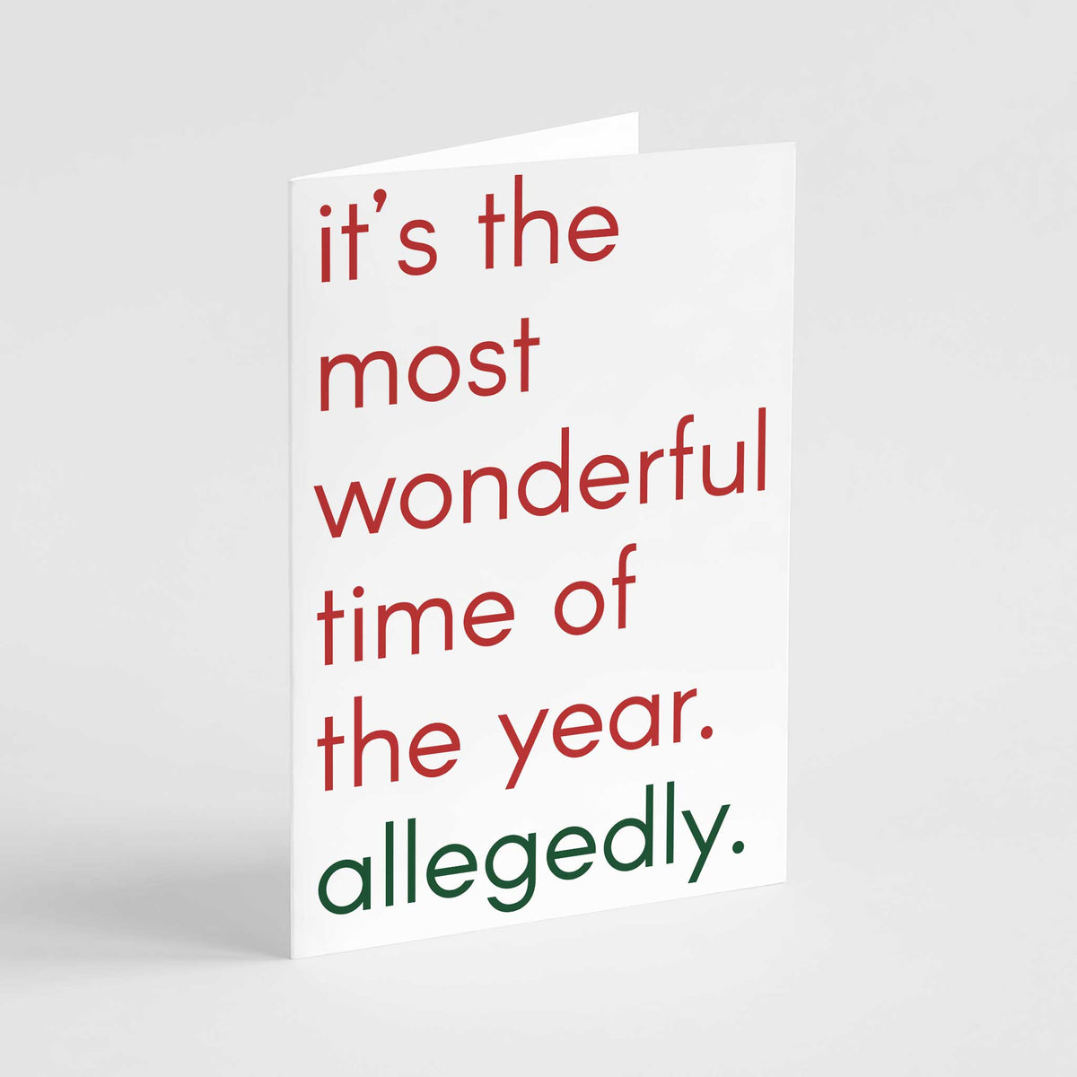 Set of 24 white cards with stacked red sans-serif text and a dark green final line reading "allegedly."
