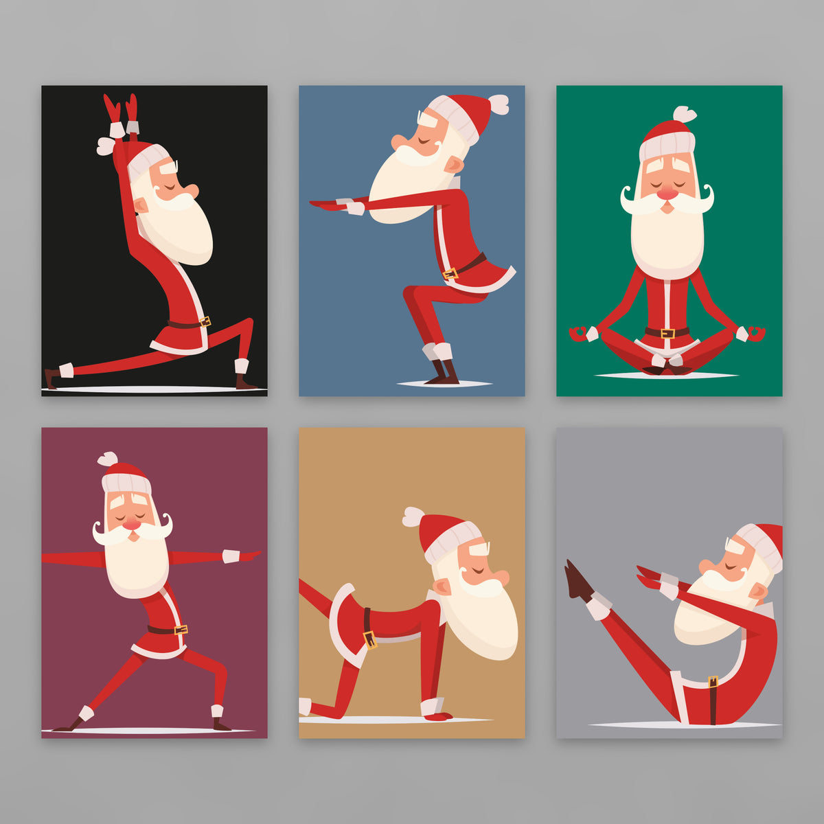 Set of 24 Christmas cards featuring a cartoon Santa in six different yoga poses on solid color backgrounds.