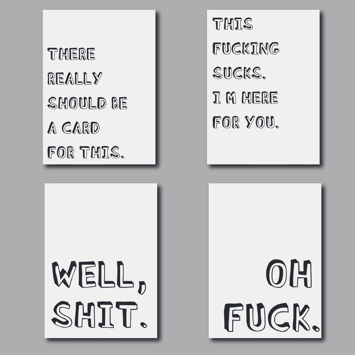 Card set in four designs, each featuring a single all-caps phrase in black text on a white background.
