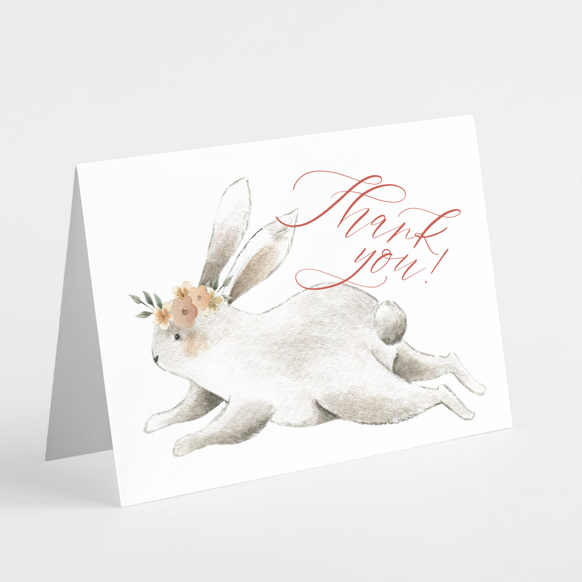 Rabbit with flower crown thank you card, soft neutral watercolor-style design, set of 24.