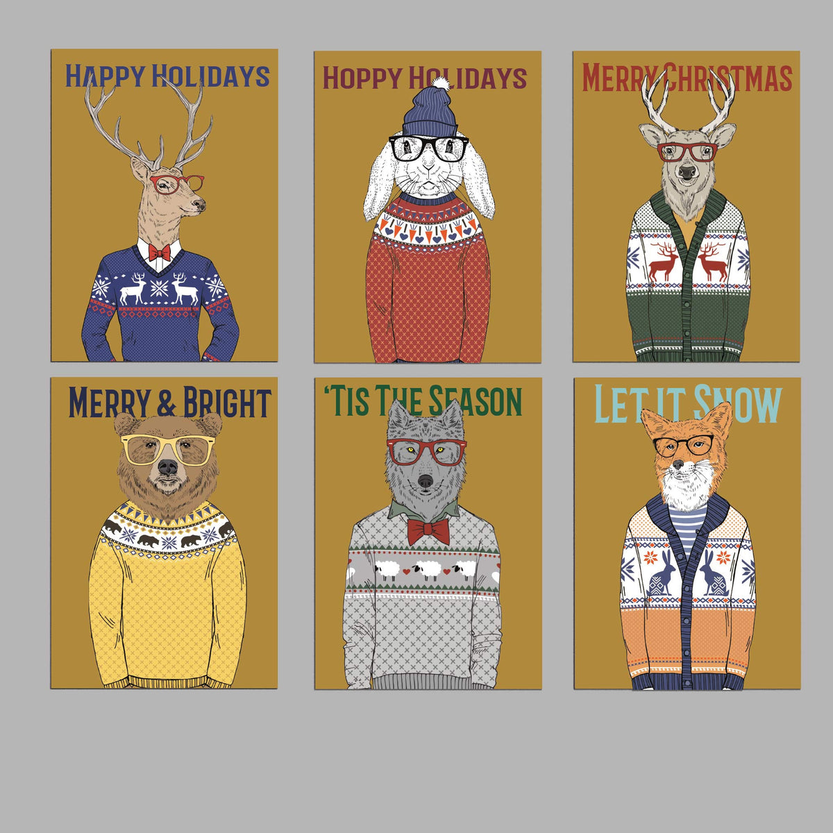 Christmas card holiday card set featuring six animals wearing Fair Isle sweaters and glasses, envelopes included.
