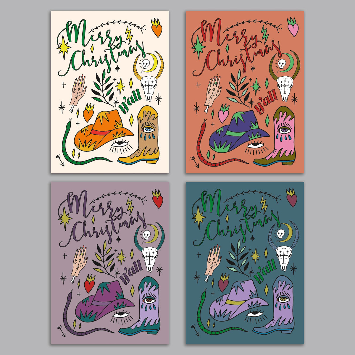 Western-themed Christmas cards featuring cowboy hat, boot, skull, snake, and botanical motifs with "Merry Christmas y'all" te