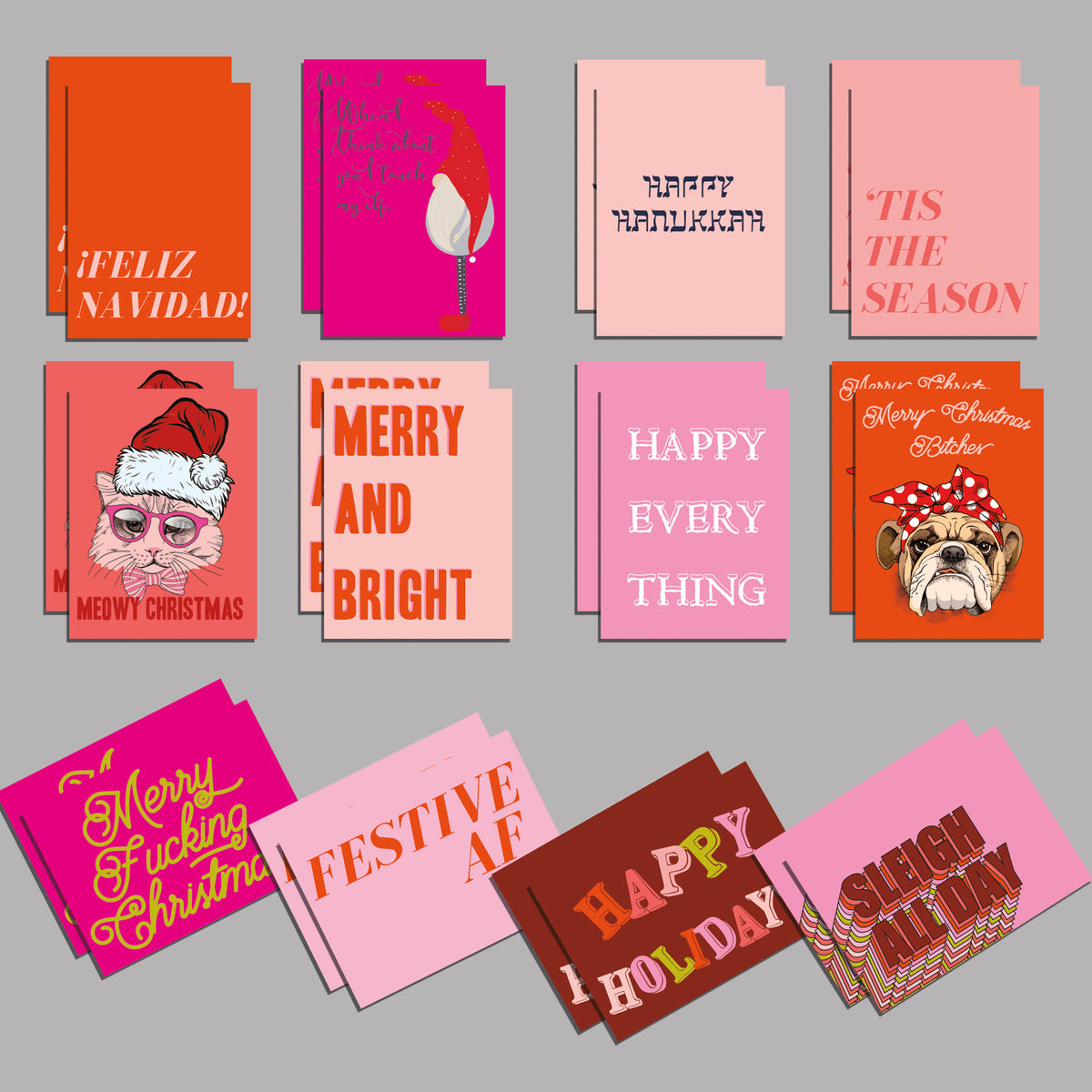 Assorted holiday greeting cards featuring bold serif, cursive script, and retro block lettering on pink, orange, and brown ca
