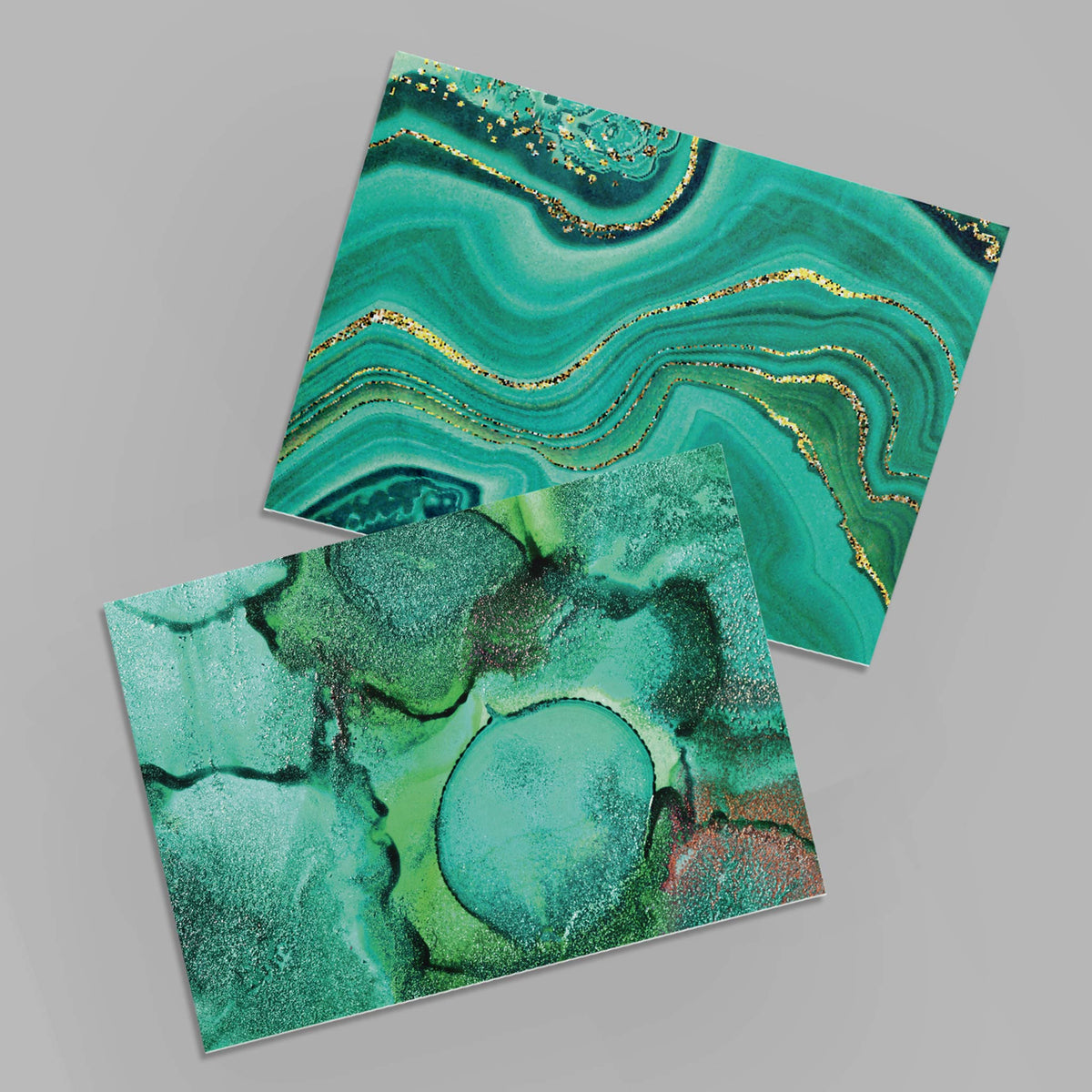 Set of 24 blank cards featuring full-bleed marbled designs in green, teal, turquoise, and gold.