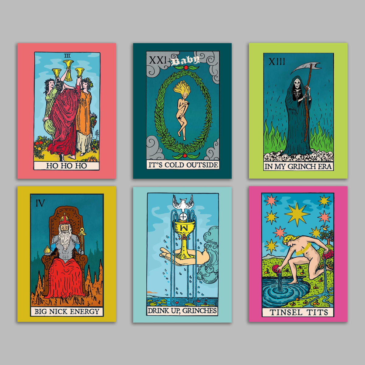 Set of 24 tarot-style cards featuring 6 Christmas parody designs, each with a solid-color border and bottom banner text.