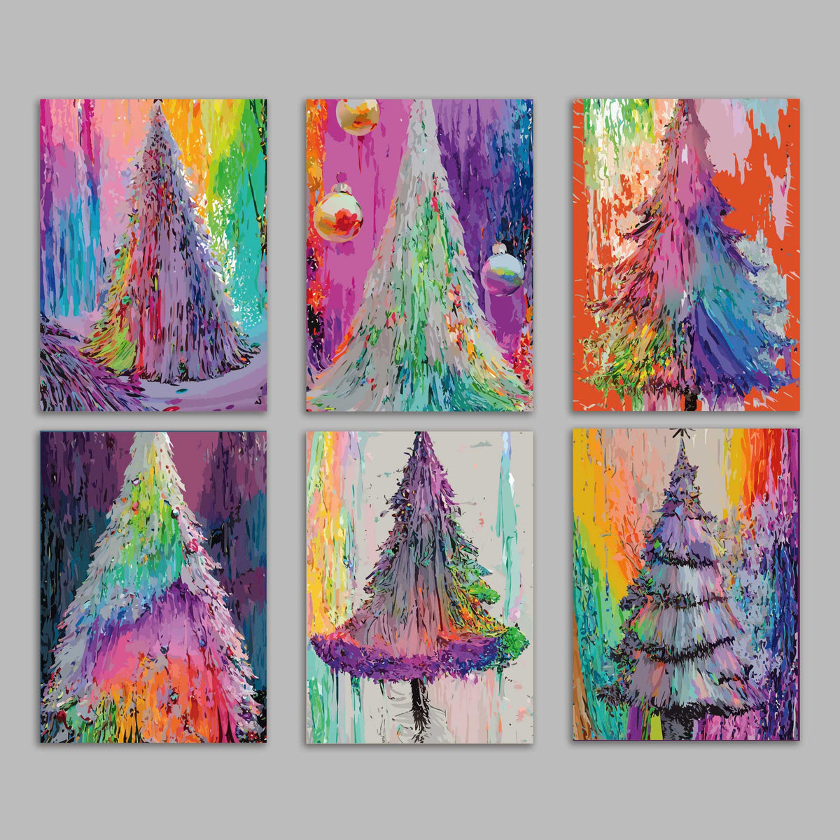 Christmas cards featuring brushstroke evergreen trees on multicolor striped backgrounds.