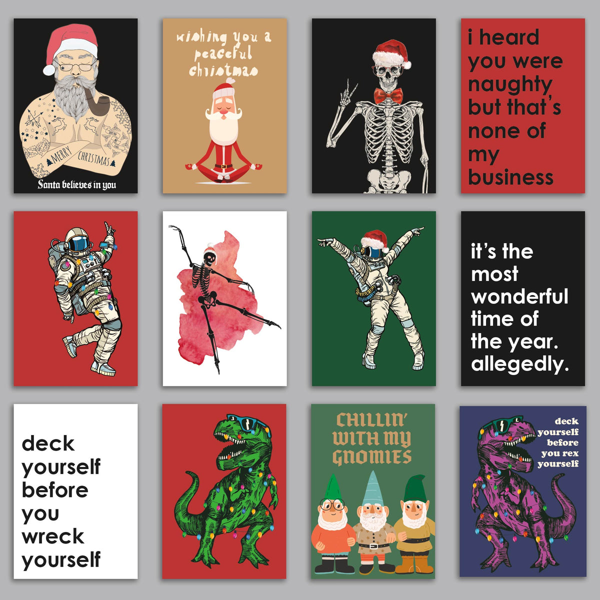 Set of 24 Christmas cards featuring tattooed Santa, skeletons, astronauts, T. rexes, and gnomes.