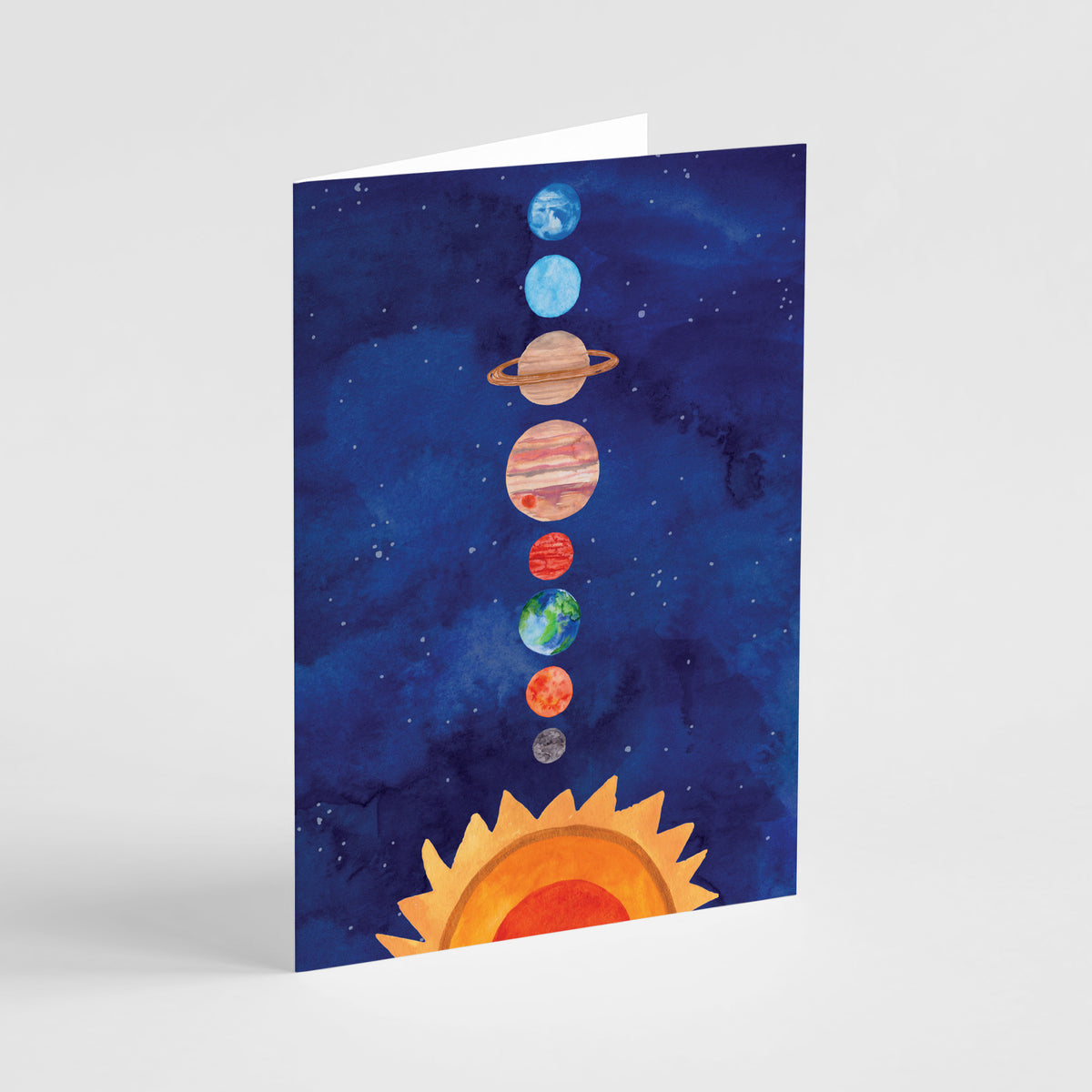 Set of 24 cards featuring watercolor-style planet illustrations on a dark blue starfield background.