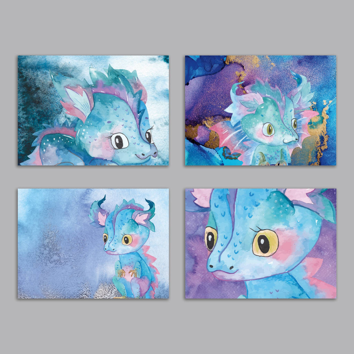 Set of 24 folded greeting cards featuring hand-drawn watercolor-style dragon illustrations in a fantasy art style.