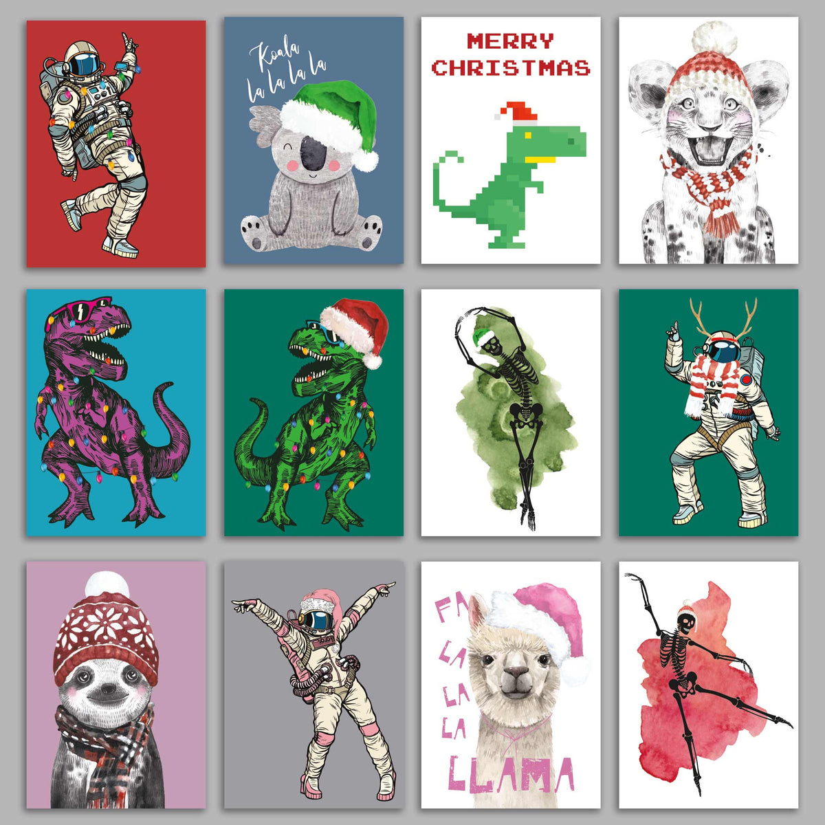 Card Christmas set featuring 12 designs, two cards each, with punny text on three designs including "FA LA LA LA LLAMA."