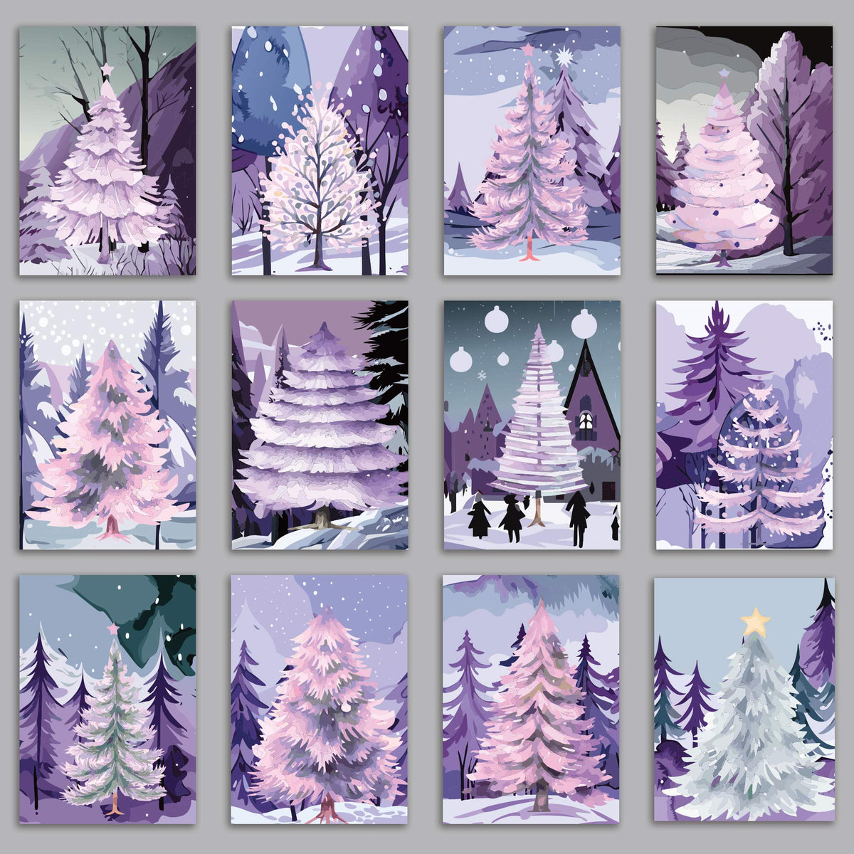 Set of 24 holiday cards featuring winter scenes with pale pink, lavender, and white evergreen trees.