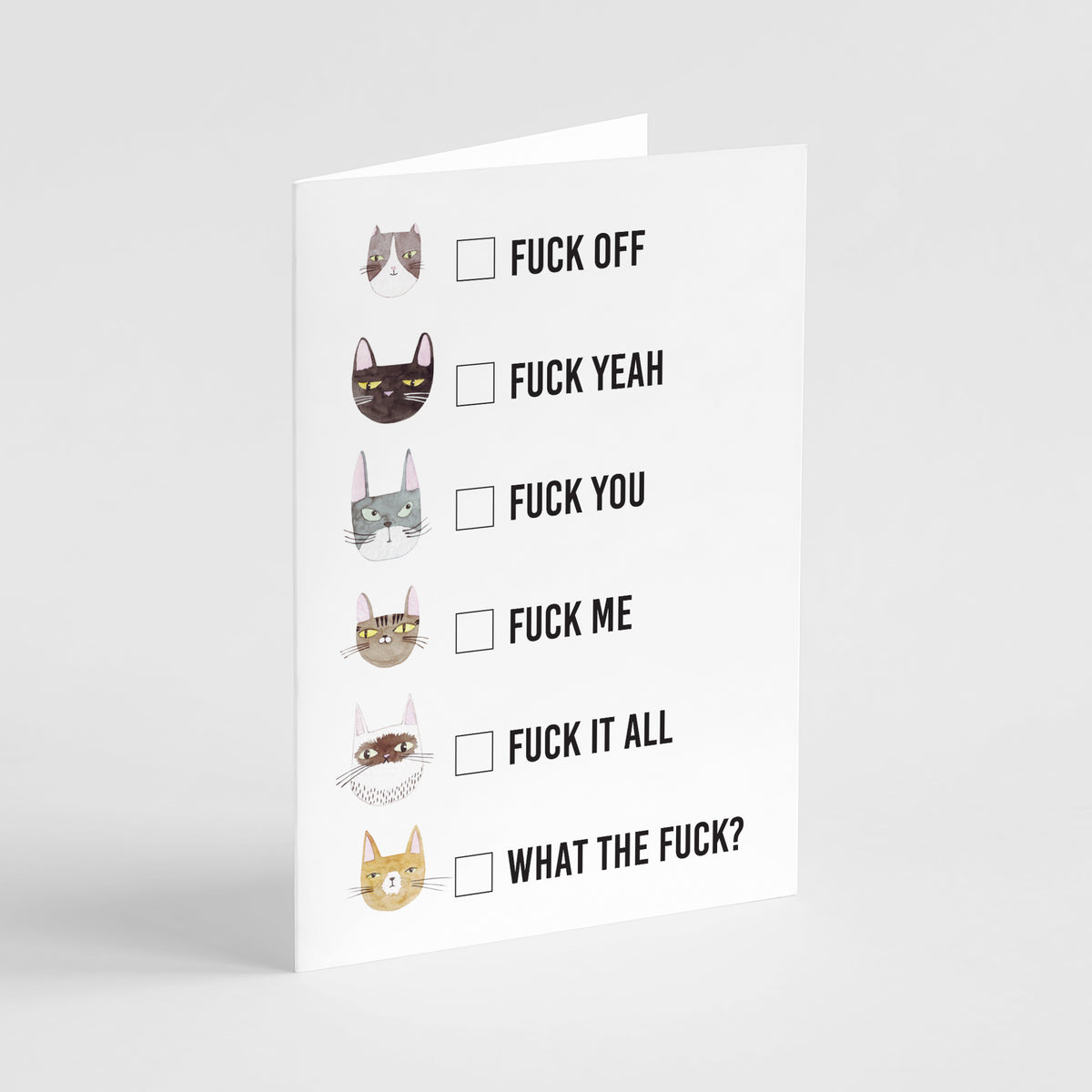 Card set with one repeated design: a vertical checklist of six watercolor cat faces paired with bold expletive phrases.