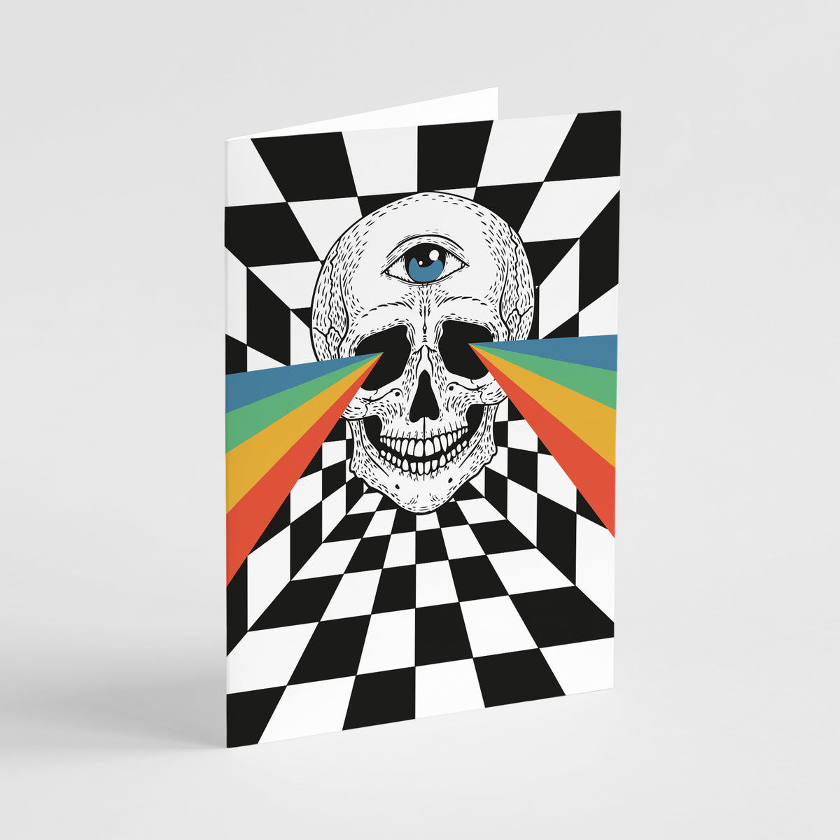 Front-facing skull with a realistic blue-iris eye centered in the forehead, hollow natural eye sockets.