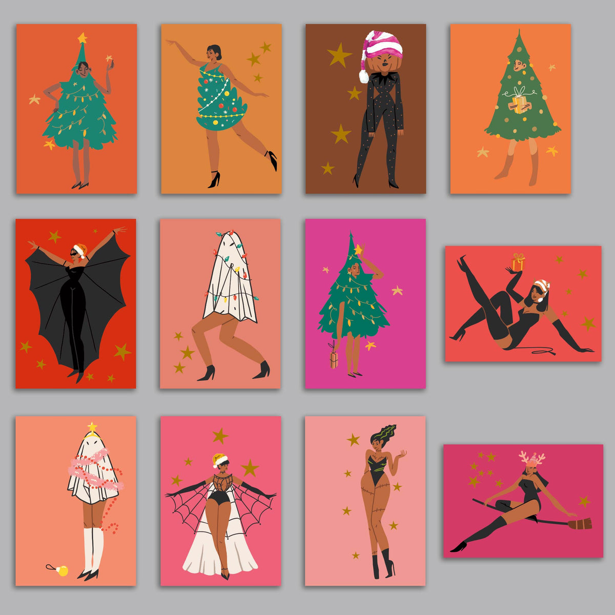 Card assortment with 12 female pin-up figures in Christmas tree, ghost, and bat wing costumes.