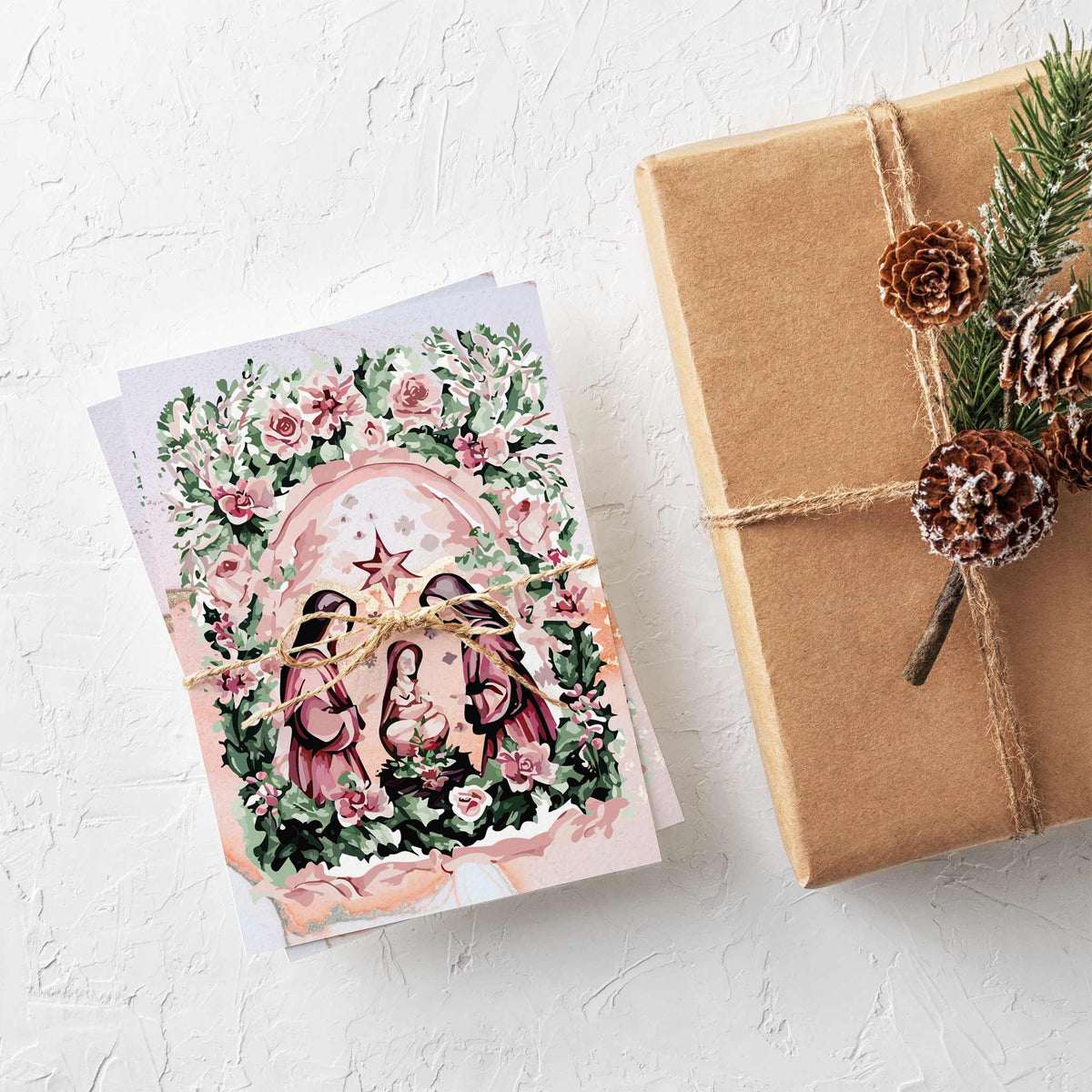 Floral Nativity Christmas Greeting Cards, Set of 24