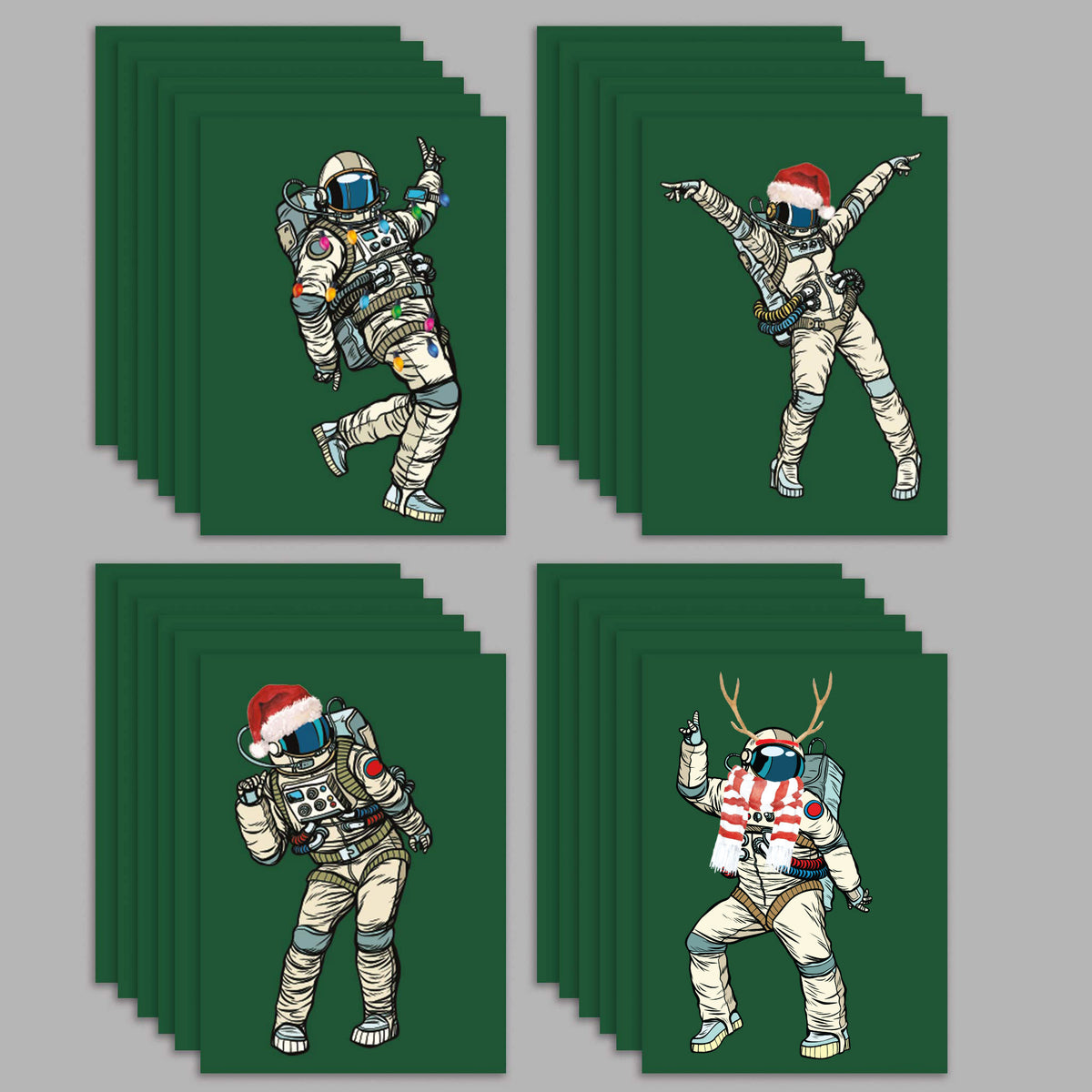Set of 24 dark green holiday cards featuring line-art astronauts in festive dance poses.