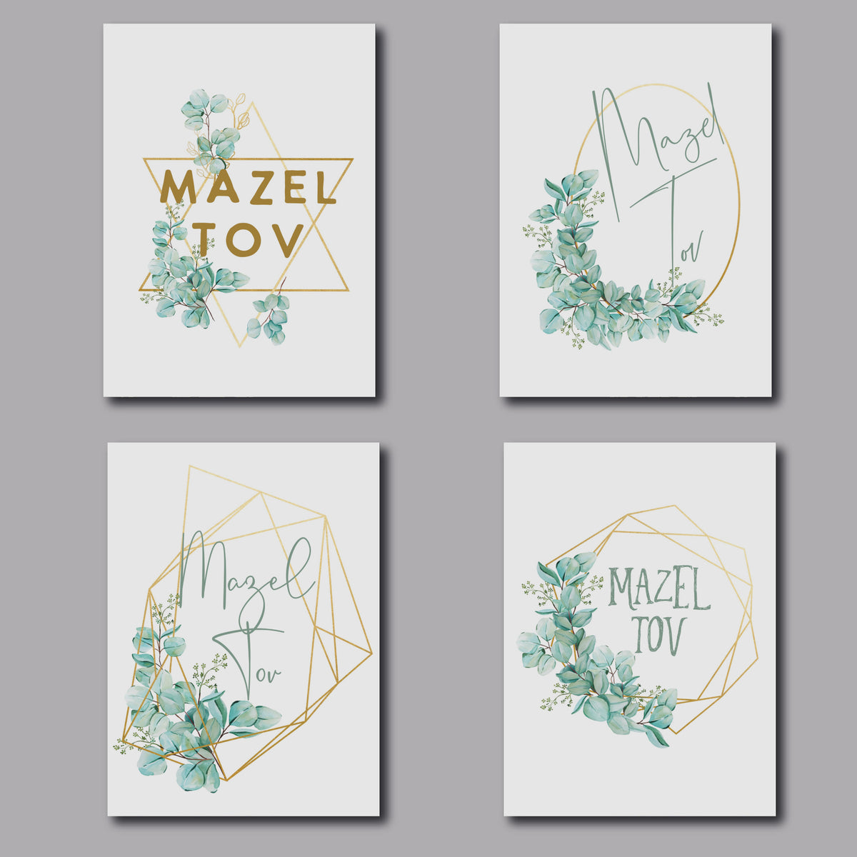 Mazel Tov card set featuring script and serif lettering on a white background with gold-colored outlines.