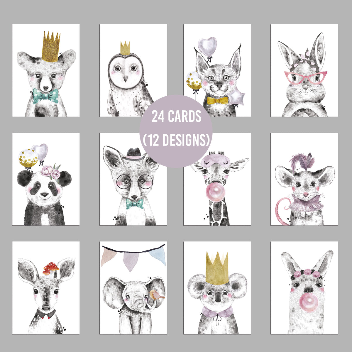 Baby Animal Greeting Cards, Set of 24