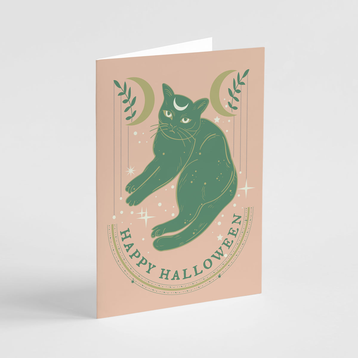 Set of 24 Halloween cards featuring a stylized green cat with a crescent moon on its forehead.