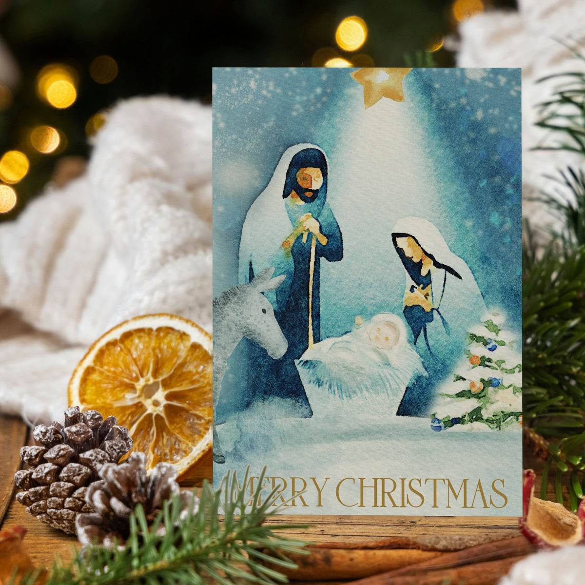 Set of 24 folded Christmas cards featuring a watercolor nativity scene and "Merry Christmas" in gold serif lettering.