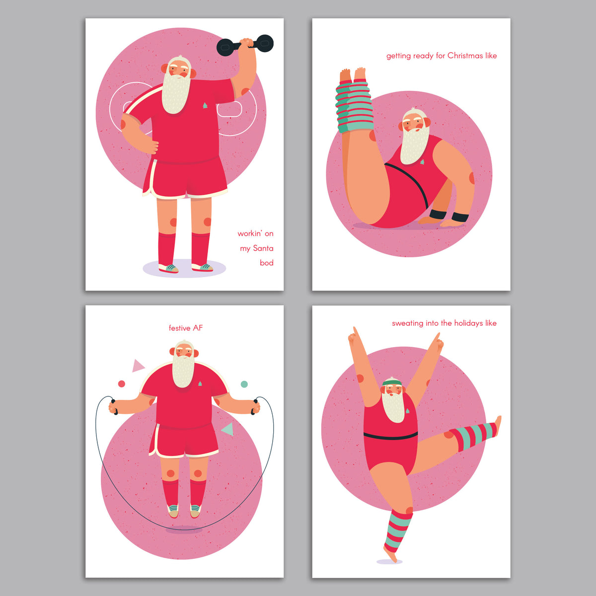 Card set featuring a flat-illustration Santa Claus performing different exercises on each card.