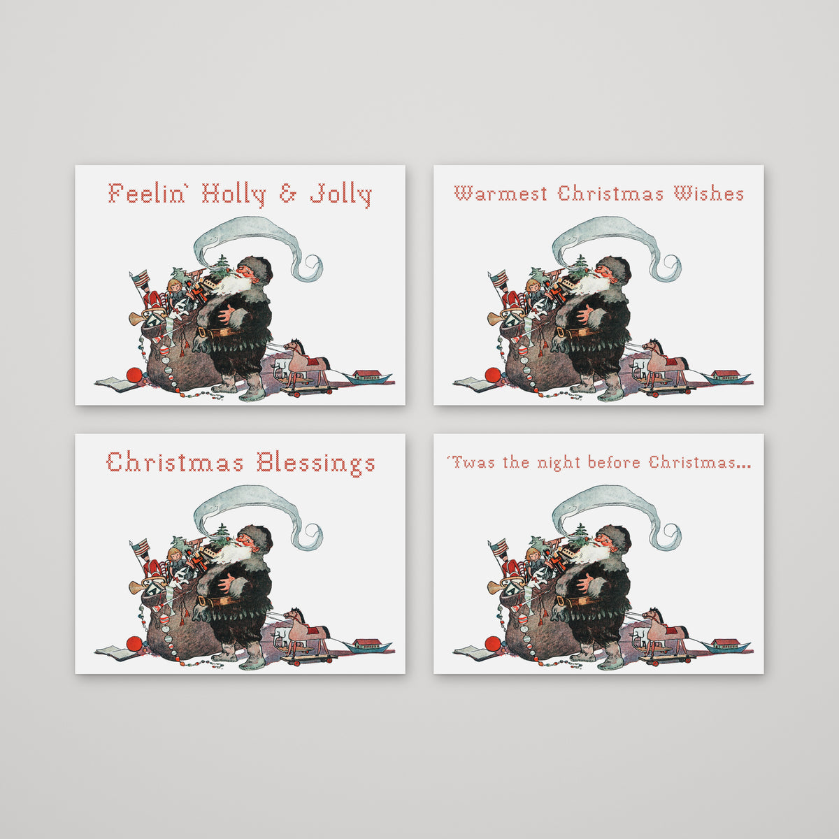 Card set with four designs, six each; Santa Claus crouching beside an overstuffed sack of toys.