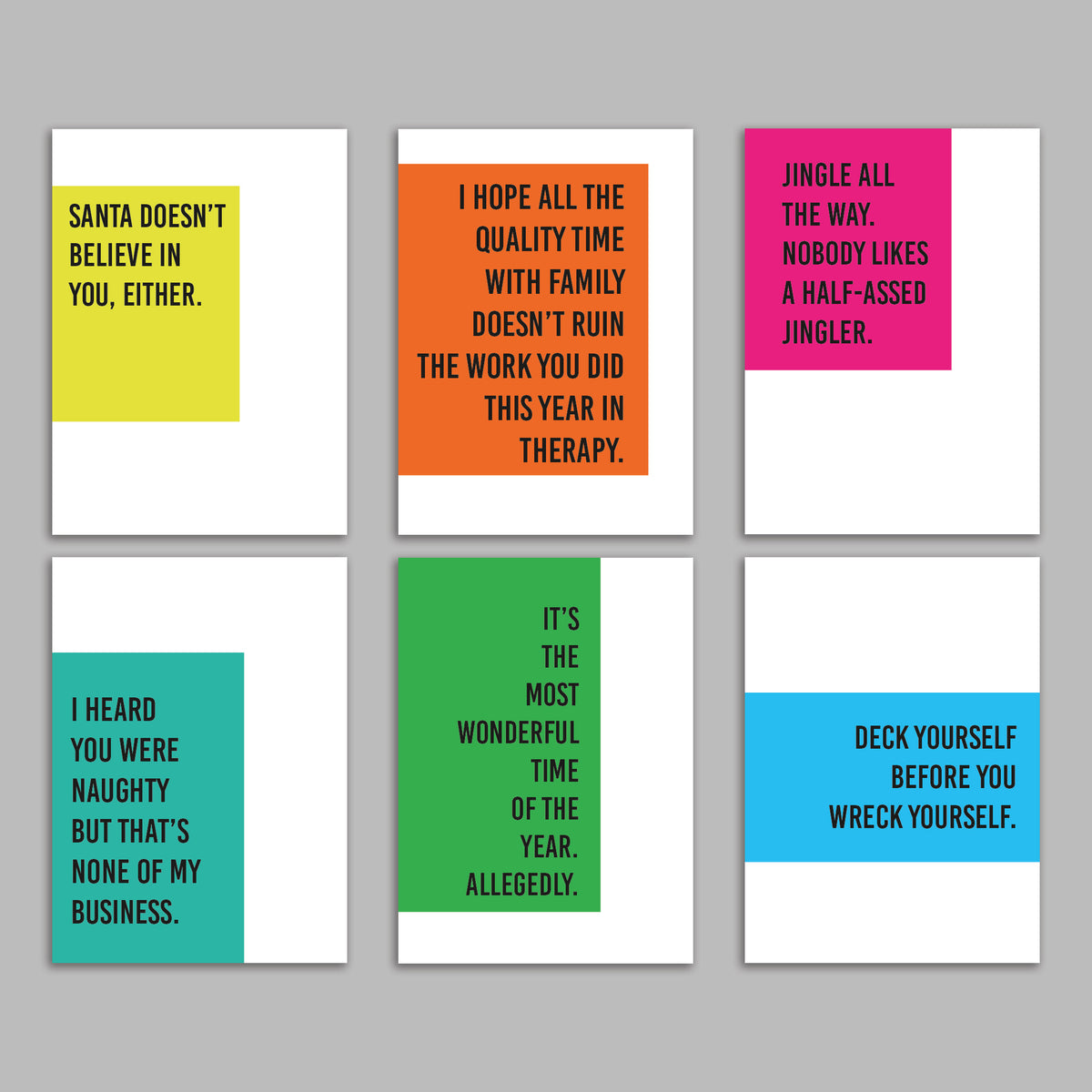 Christmas cards featuring six all-caps one-liner jokes, four cards per design, in assorted colors.