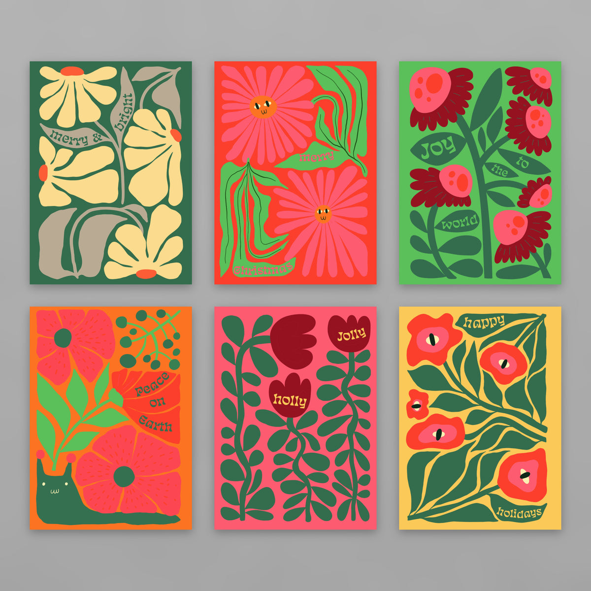 Set of 24 holiday cards featuring six retro flower illustrations on solid color backgrounds.