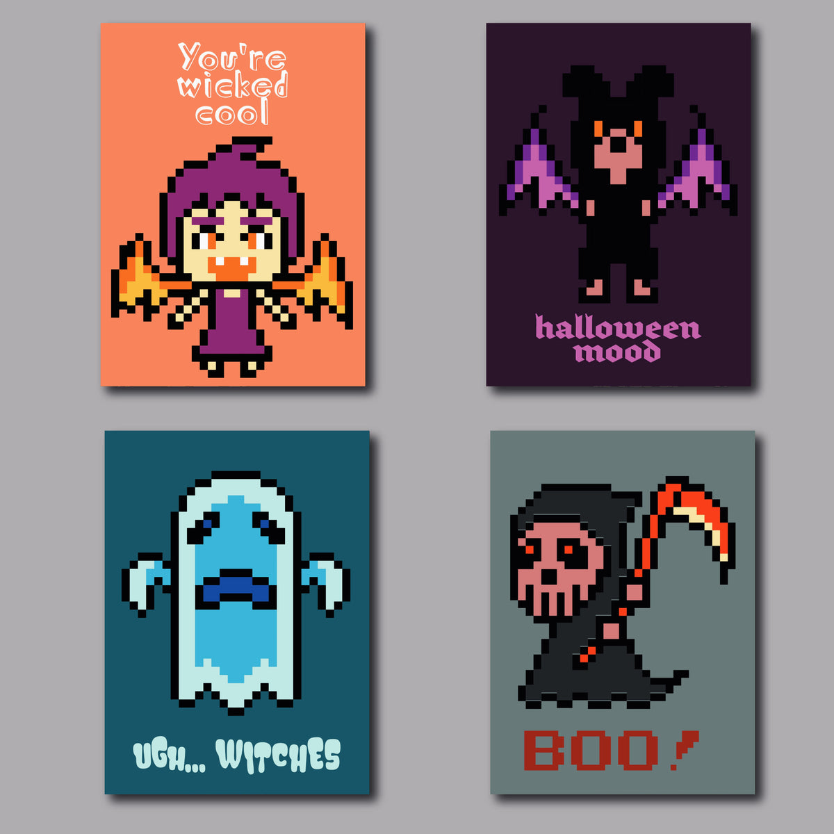 Set of 24 Halloween notecards featuring pixel art ghost, grim reaper, vampire, and bat-costumed character.