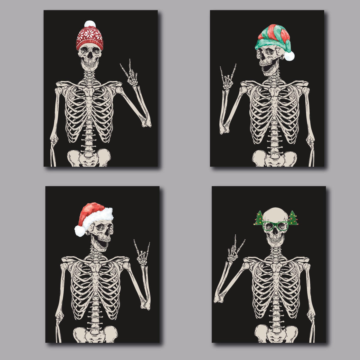 Pack of 24 Christmas cards featuring a line-art skeleton in a red beanie making a peace sign, black background.