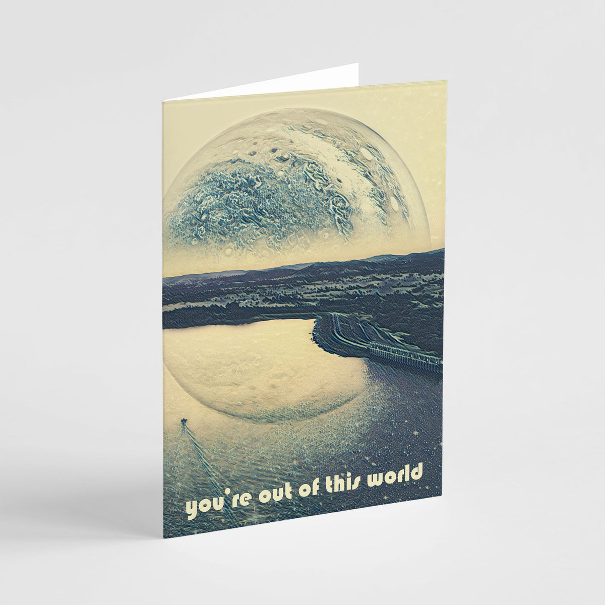 Set of 24 identical portrait cards featuring a large spherical planet above a dark slate-blue coastal scene.