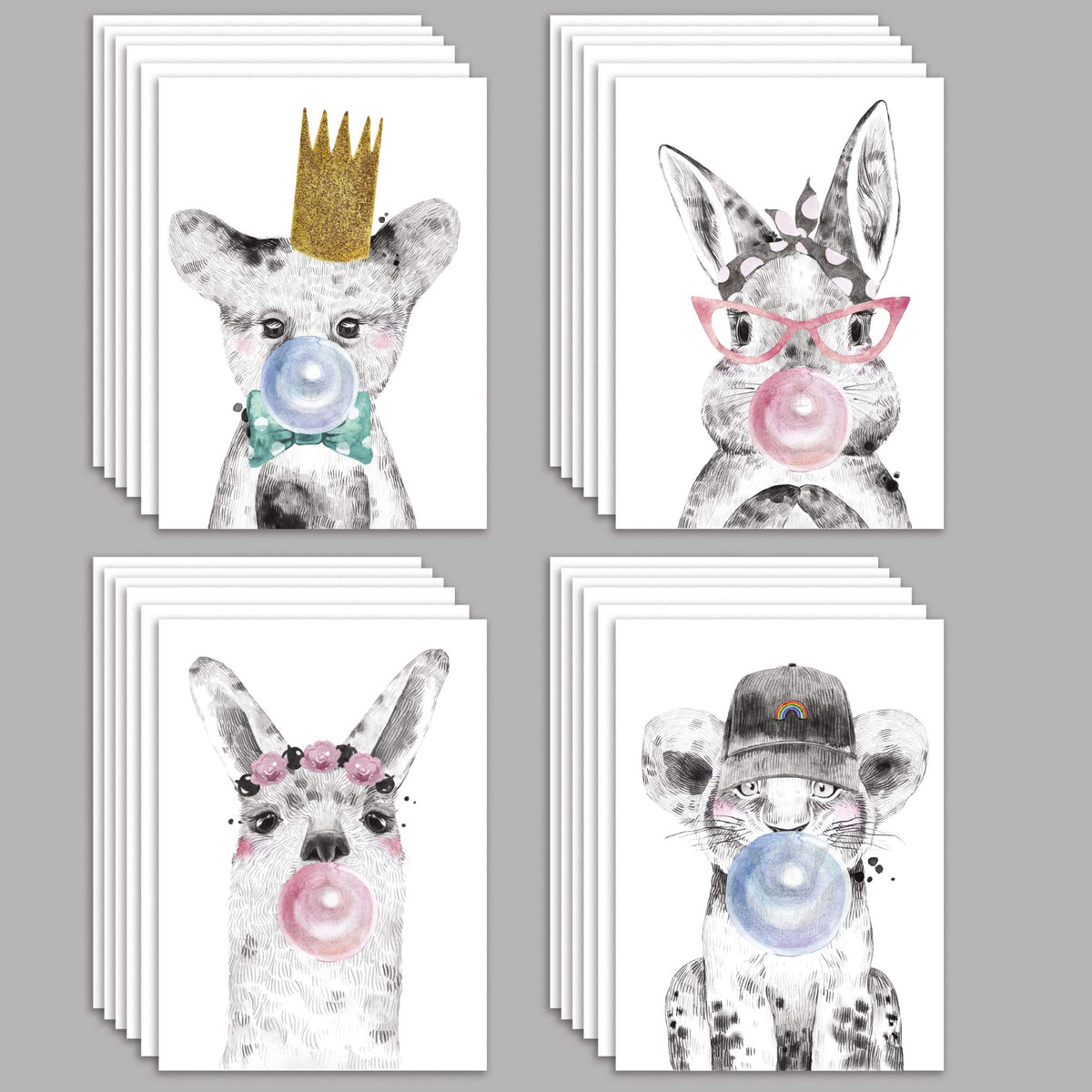 Bubble Gum Baby Animal Greeting Cards, Set of 24