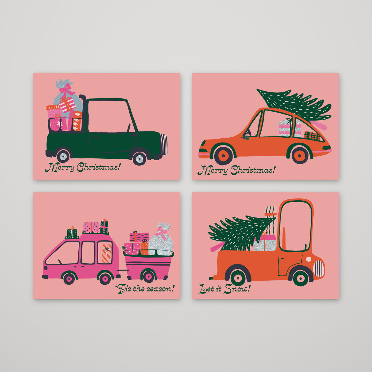 Set of 24 Christmas cards featuring retro vehicles carrying Christmas trees and wrapped gifts.