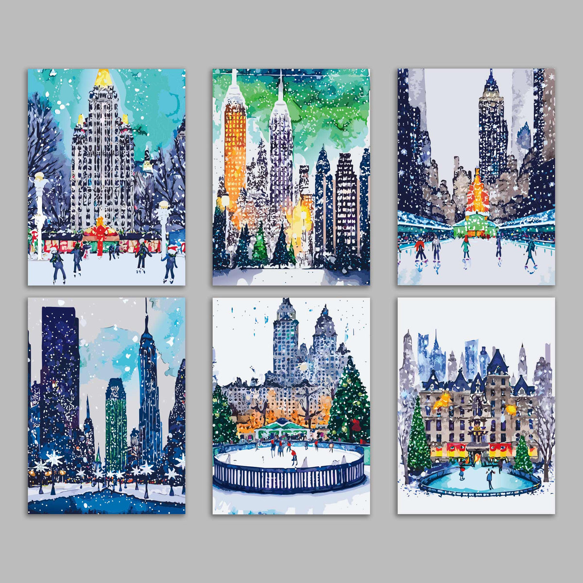 Card set featuring six watercolor NYC winter illustrations with skyscrapers, ice rinks, and Christmas trees.
