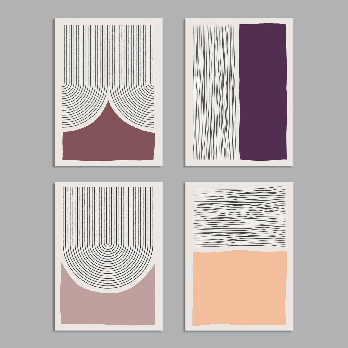 Set of 24 notecards with abstract geometric line art in mauve, peach, plum, and taupe tones.