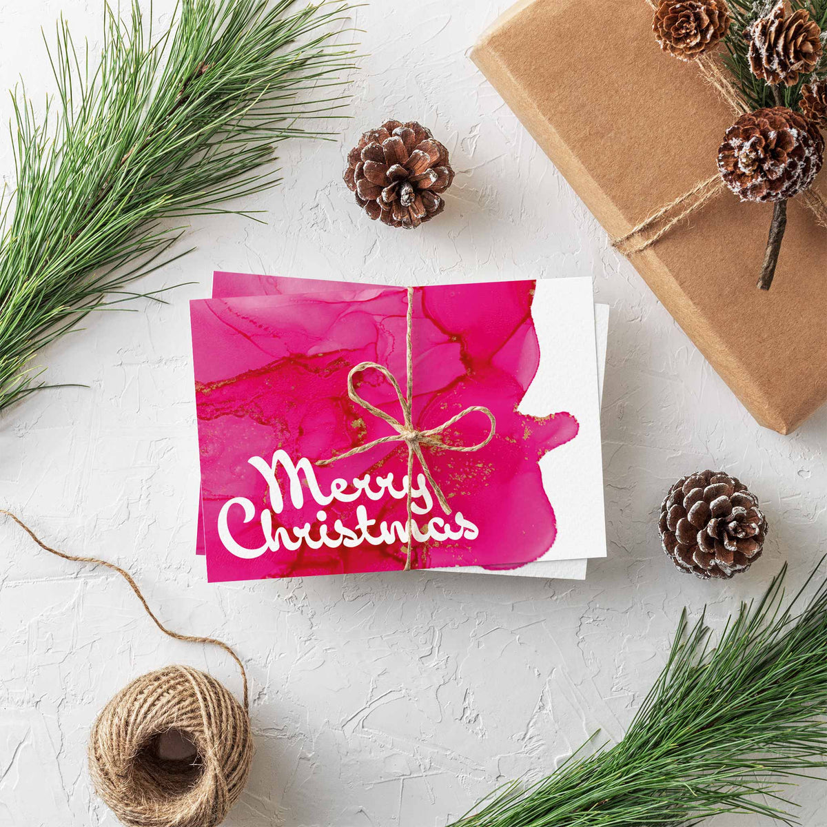 Pink Alcohol Ink Merry Christmas Greeting Cards, Set of 24