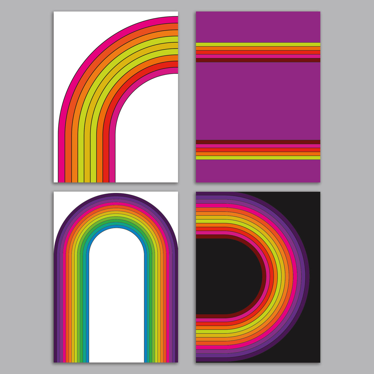 Boxed set of 24 cards featuring four retro rainbow designs on white, purple, and black backgrounds.