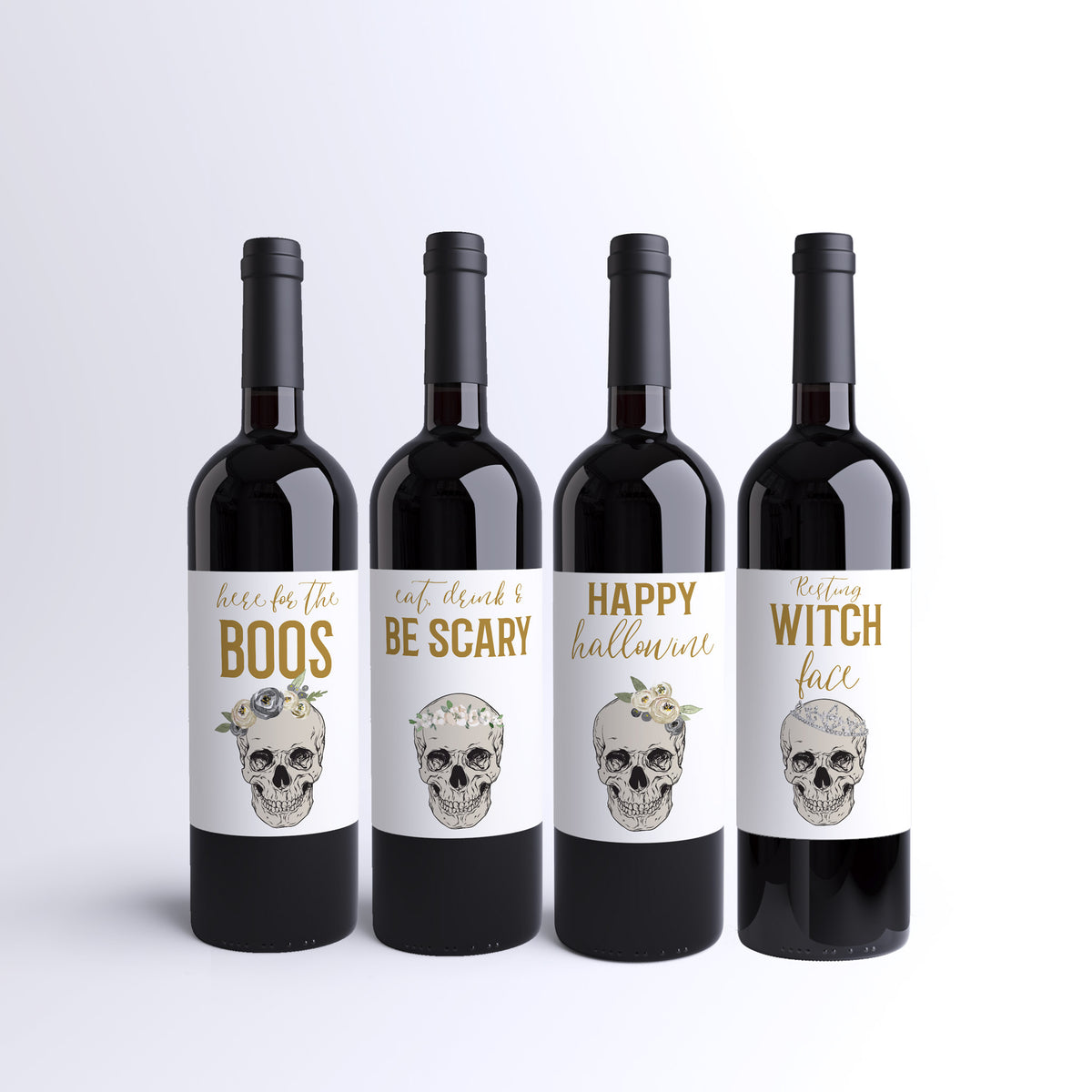 Boho Skull Halloween Wine Labels, Pack of 4