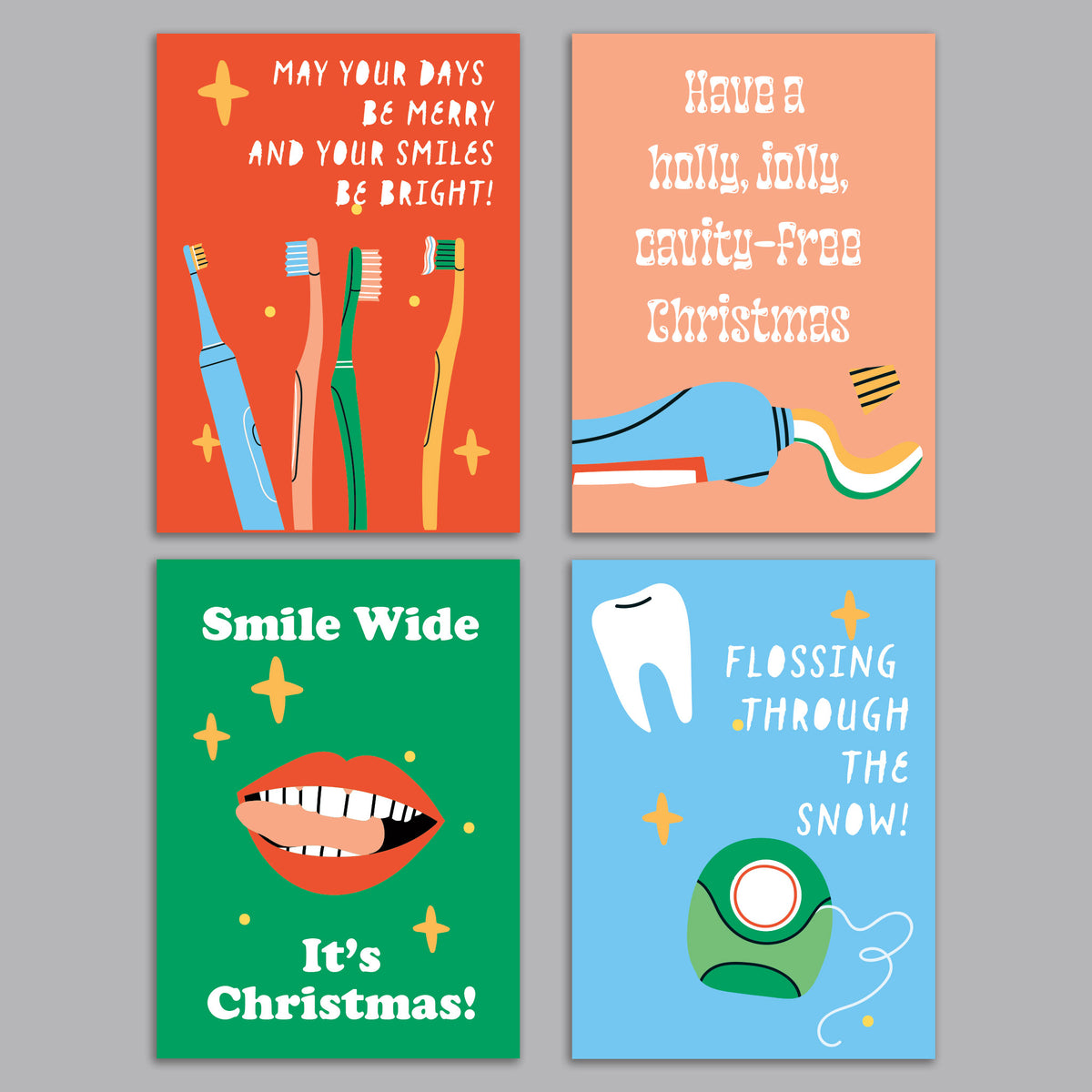 Christmas cards featuring toothbrush, toothpaste, smiling mouth, and floss illustrations with white holiday phrases.