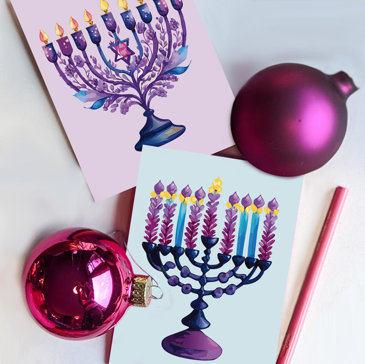 Blooming Menorahs Hanukkah Greeting Cards, Set of 24