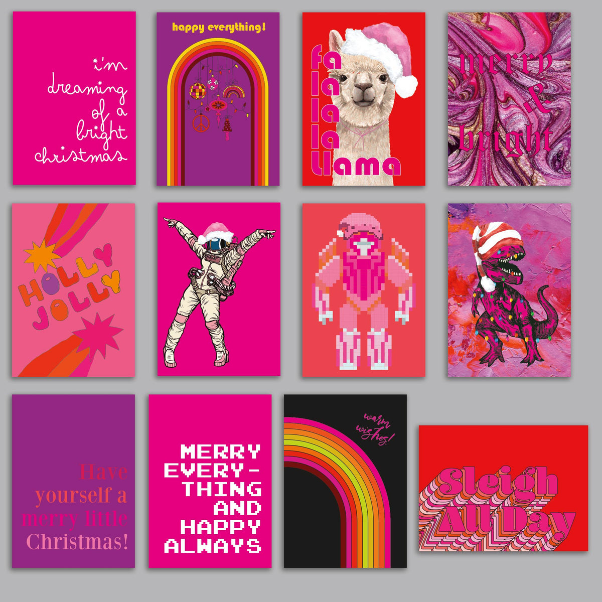 Christmas greeting cards featuring illustrated and typographic designs in bold saturated colors.