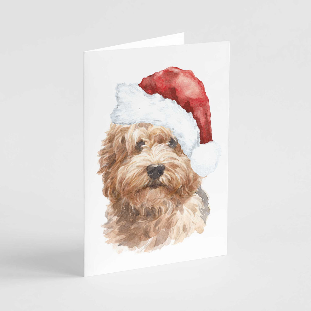 Set of 24 identical Christmas cards featuring a watercolor labradoodle wearing a Santa hat on a white background.