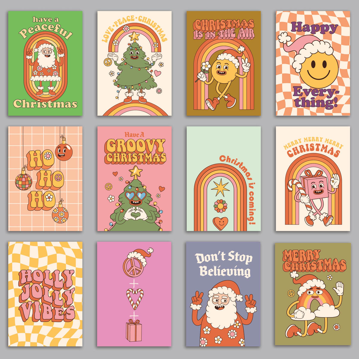 Card set featuring 12 retro-style Christmas designs with bold bubble lettering and a blank white interior.