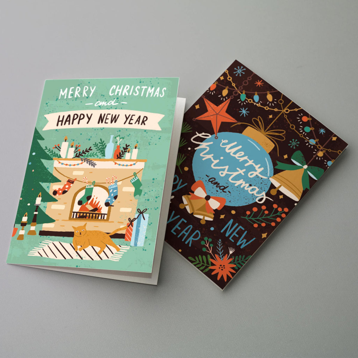 Retro Boho Merry Christmas Greeting Cards, Set of 24