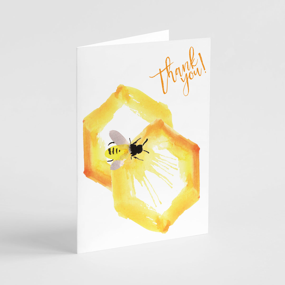 Watercolor-style bee illustration thank you card set, 24 cards, yellow and orange palette.