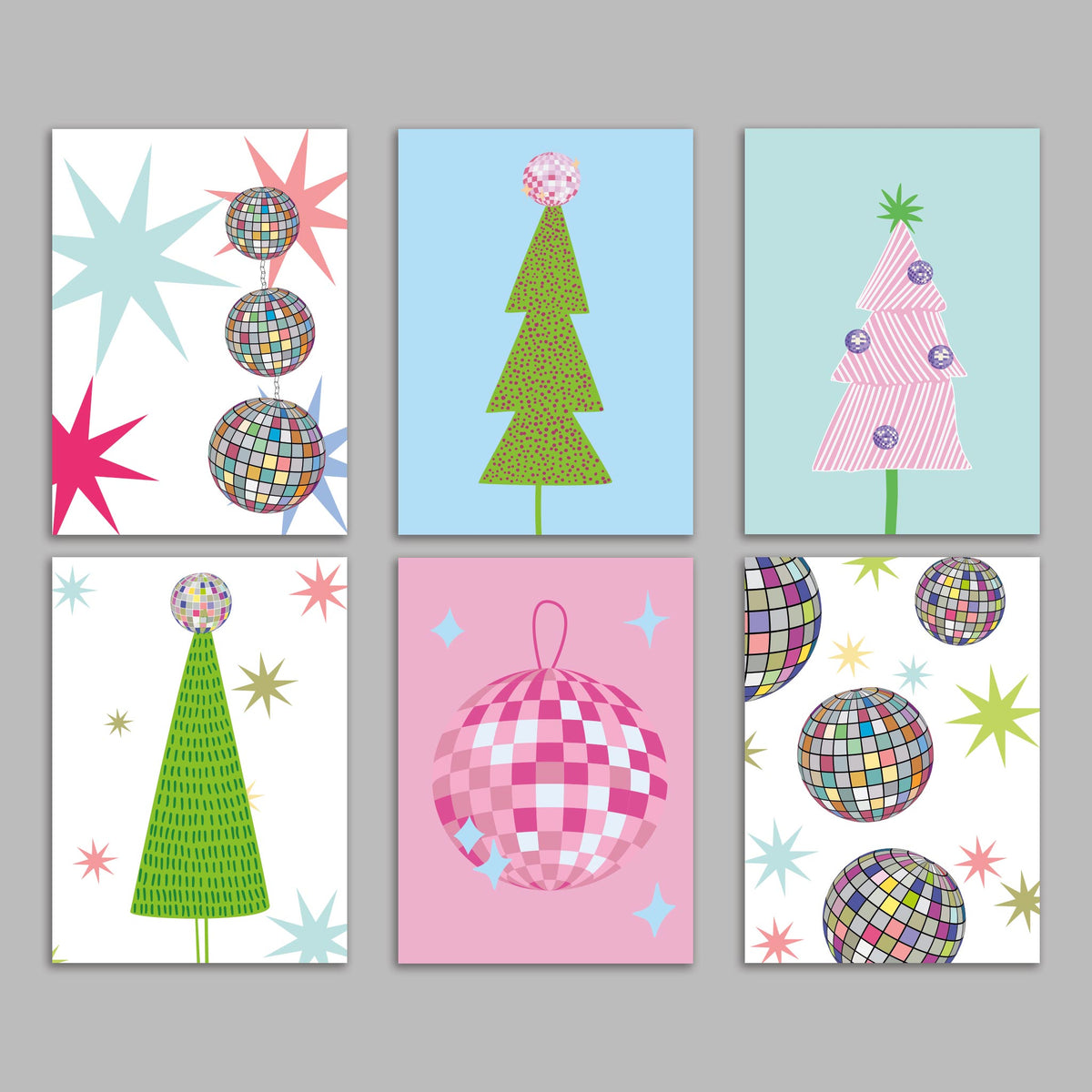 Set of 24 Christmas cards with disco ball and holiday tree illustrations in six flat-color designs.