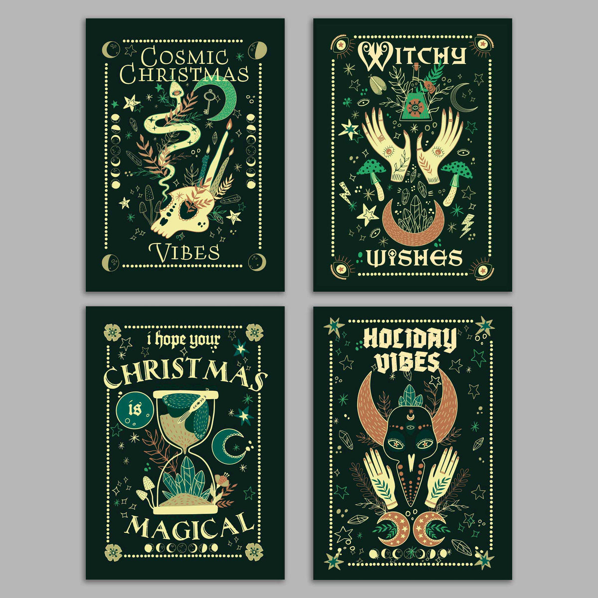 Four witchy Christmas card designs on dark green, with skull, crystal, mushroom, and hand motifs in cream line art.