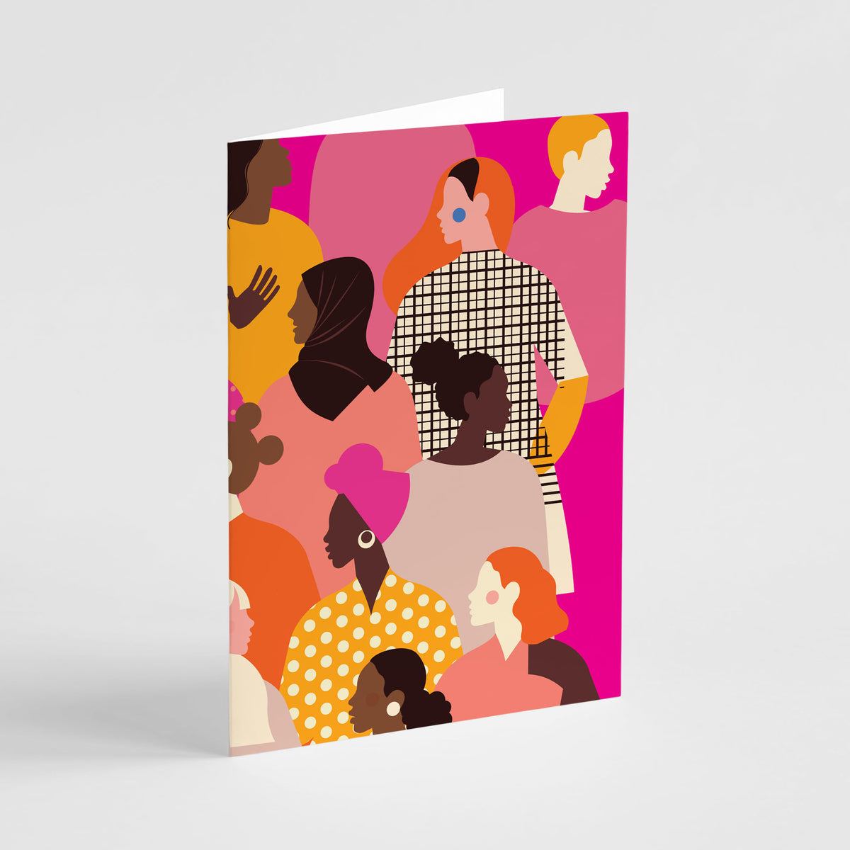 Card set with overlapping bust-length women figures on a hot pink background in portrait orientation.