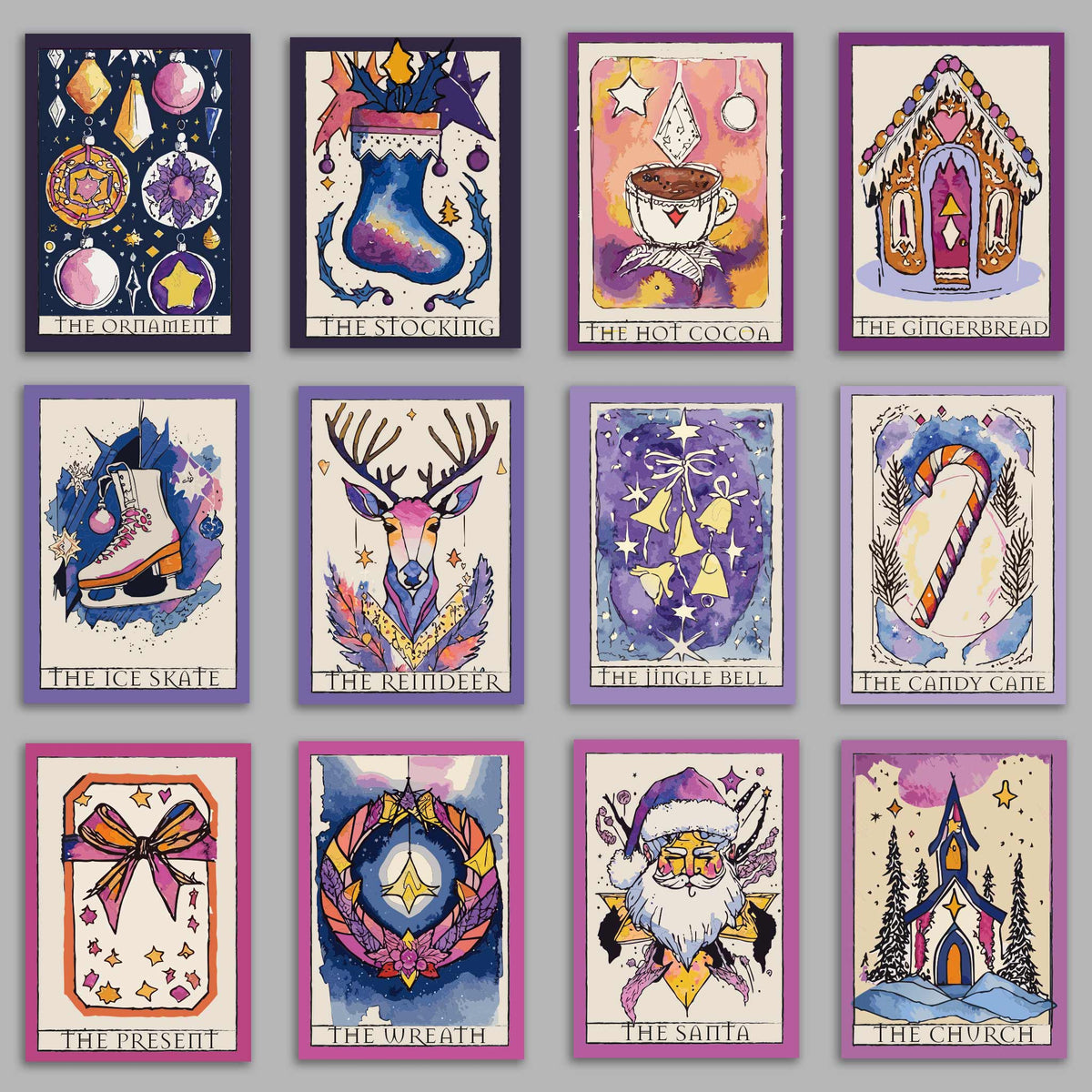 Set of 24 tarot-format Christmas cards, each with a different illustrated holiday subject and "THE ..." title.